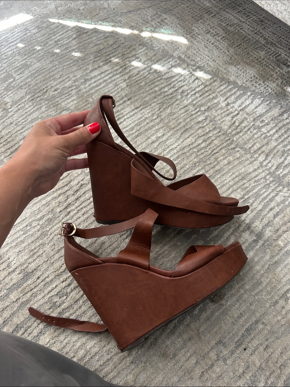 Forever 21 Brown Strappy Wedge Sandals with Ankle Buckle
